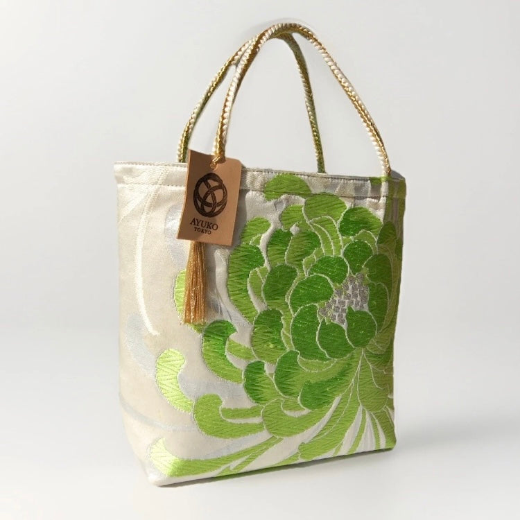 Rangiku 乱菊 Chrysanthemum Vintage Obi Silk Tote in Green Silver
