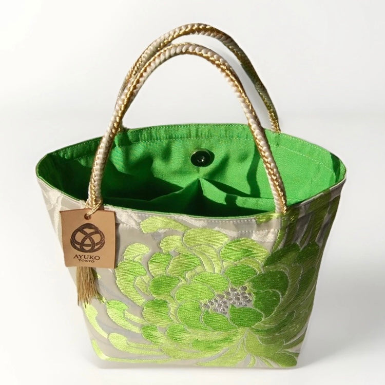 Rangiku 乱菊 Chrysanthemum Vintage Obi Silk Tote in Green Silver