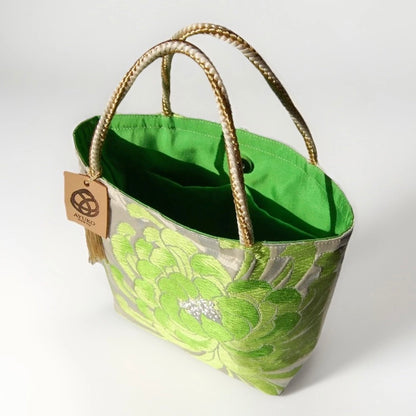 Rangiku 乱菊 Chrysanthemum Vintage Obi Silk Tote in Green Silver