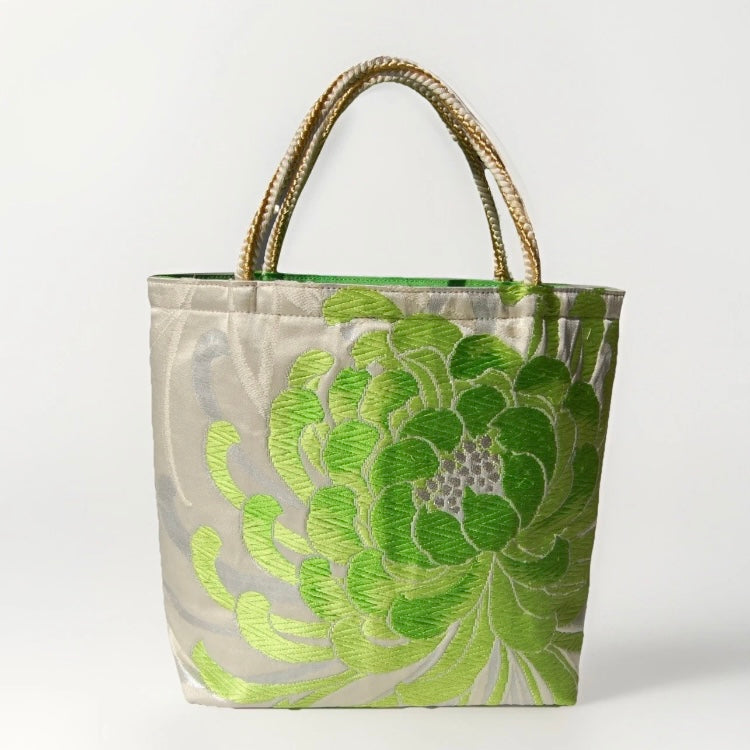 Rangiku 乱菊 Chrysanthemum Vintage Obi Silk Tote in Green Silver