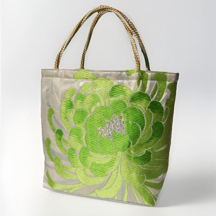 Rangiku 乱菊 Chrysanthemum Vintage Obi Silk Tote in Green Silver