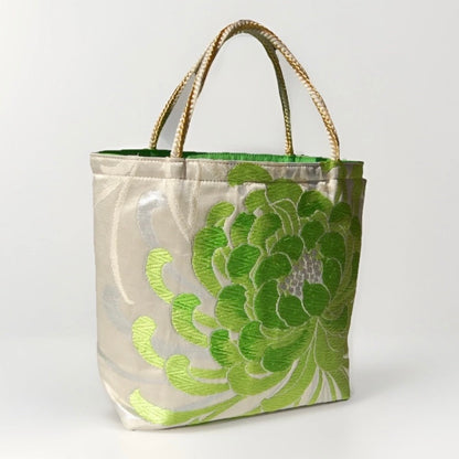 Rangiku 乱菊 Chrysanthemum Vintage Obi Silk Tote in Green Silver
