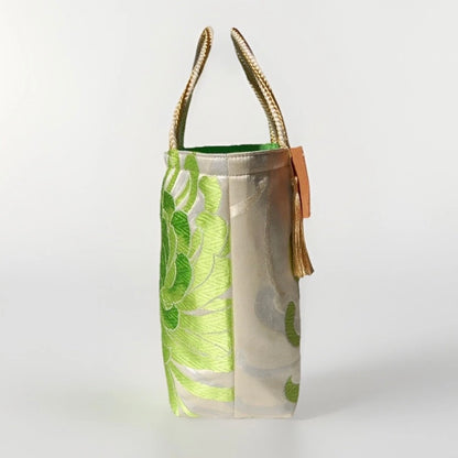 Rangiku 乱菊 Chrysanthemum Vintage Obi Silk Tote in Green Silver