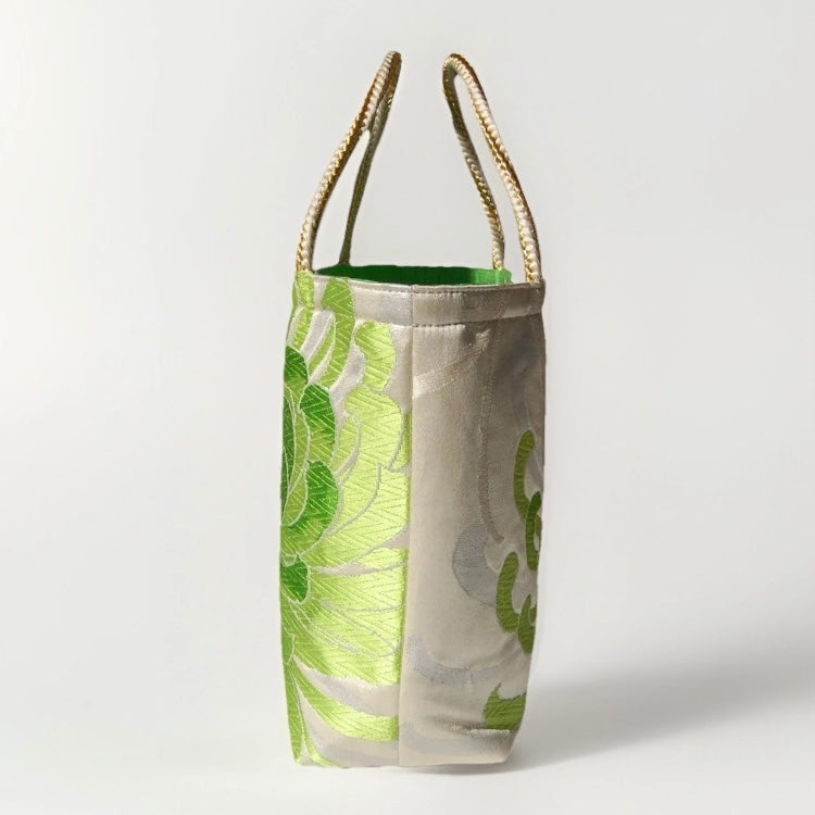 Rangiku 乱菊 Chrysanthemum Vintage Obi Silk Tote in Green Silver