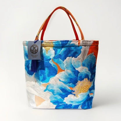 Vintage Fukuro Obi Mini Tote Bag — Aqua Blue Peony on Silver Silk