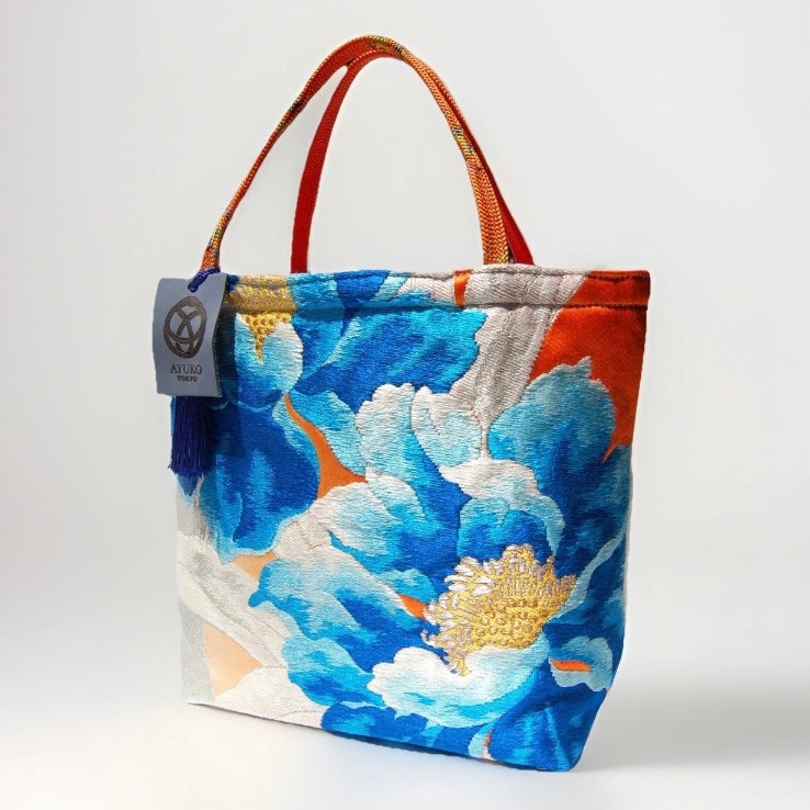 Vintage Fukuro Obi Mini Tote Bag — Aqua Blue Peony on Silver Silk