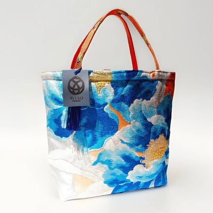 Vintage Fukuro Obi Mini Tote Bag — Aqua Blue Peony on Silver Silk