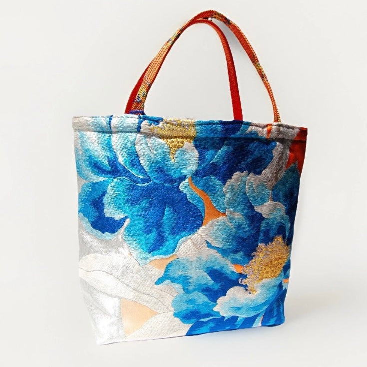 Vintage Fukuro Obi Mini Tote Bag — Aqua Blue Peony on Silver Silk