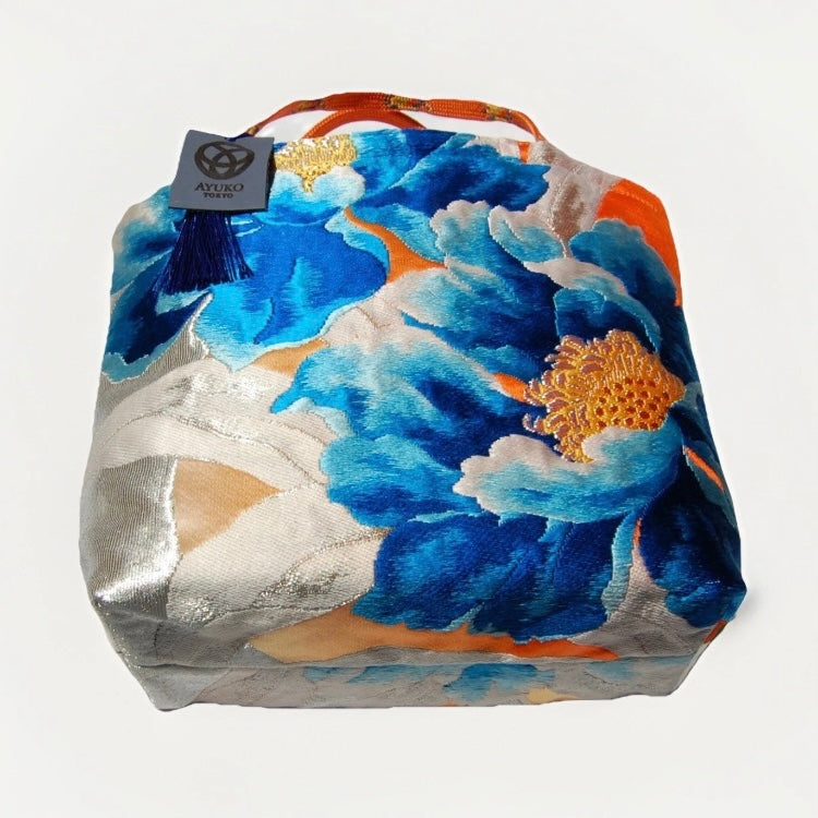 Vintage Fukuro Obi Mini Tote Bag — Aqua Blue Peony on Silver Silk