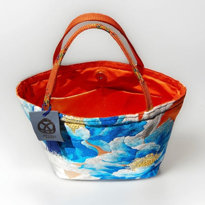Vintage Fukuro Obi Mini Tote Bag — Aqua Blue Peony on Silver Silk