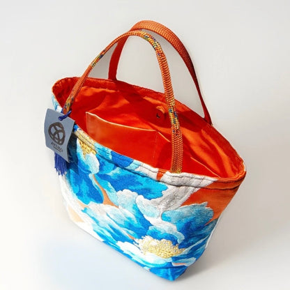 Vintage Fukuro Obi Mini Tote Bag — Aqua Blue Peony on Silver Silk