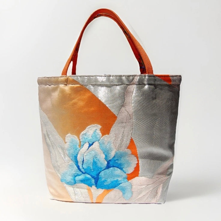 Vintage Fukuro Obi Mini Tote Bag — Aqua Blue Peony on Silver Silk