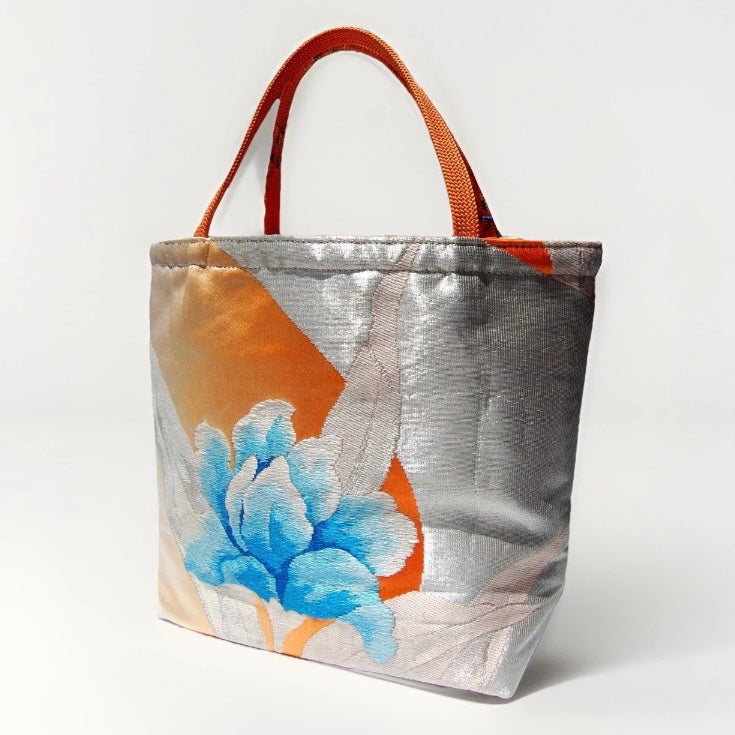 Vintage Fukuro Obi Mini Tote Bag — Aqua Blue Peony on Silver Silk