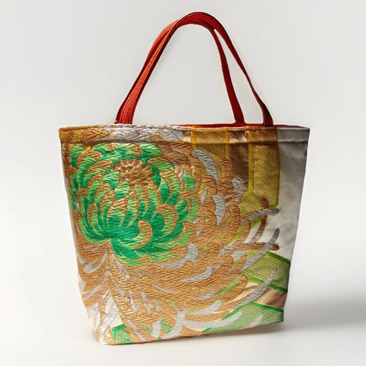 Two-Sided Rangiku 乱菊 Vintage Obi Silk Tote in Purple White Silver