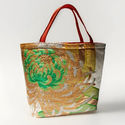 Two-Sided Rangiku 乱菊 Vintage Obi Silk Tote in Purple White Silver