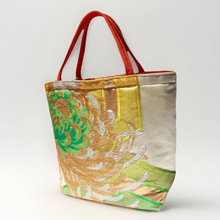 Two-Sided Rangiku 乱菊 Vintage Obi Silk Tote in Purple White Silver