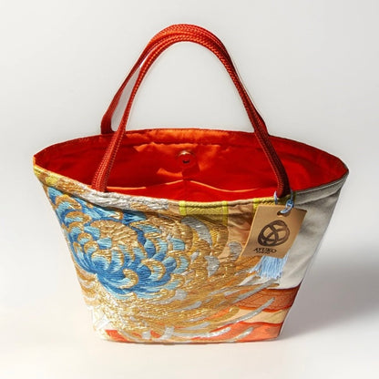 Two-Sided Rangiku 乱菊 Vintage Obi Silk Tote in Purple White Silver