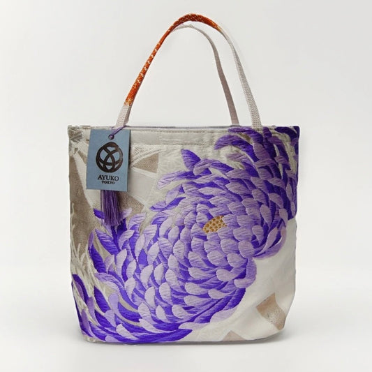 Rangiku 乱菊 Chrysanthemum Vintage Obi Silk Tote in Violet Silver