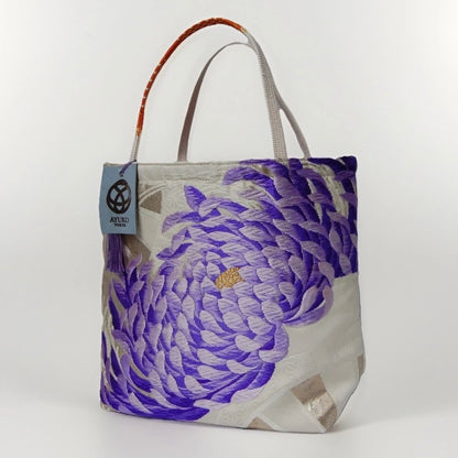 Rangiku 乱菊 Chrysanthemum Vintage Obi Silk Tote in Violet Silver