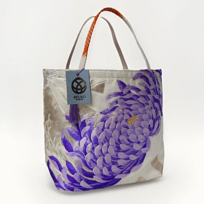 Rangiku 乱菊 Chrysanthemum Vintage Obi Silk Tote in Violet Silver
