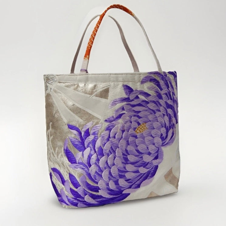 Rangiku 乱菊 Chrysanthemum Vintage Obi Silk Tote in Violet Silver
