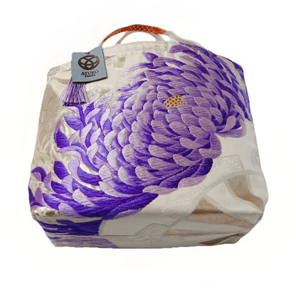 Rangiku 乱菊 Chrysanthemum Vintage Obi Silk Tote in Violet Silver