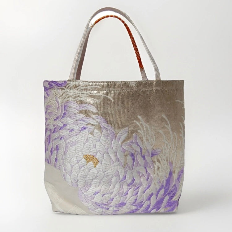 Rangiku 乱菊 Chrysanthemum Vintage Obi Silk Tote in Violet Silver