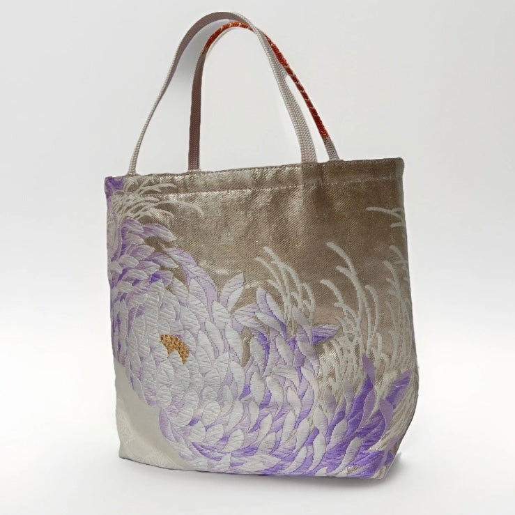 Rangiku 乱菊 Chrysanthemum Vintage Obi Silk Tote in Violet Silver