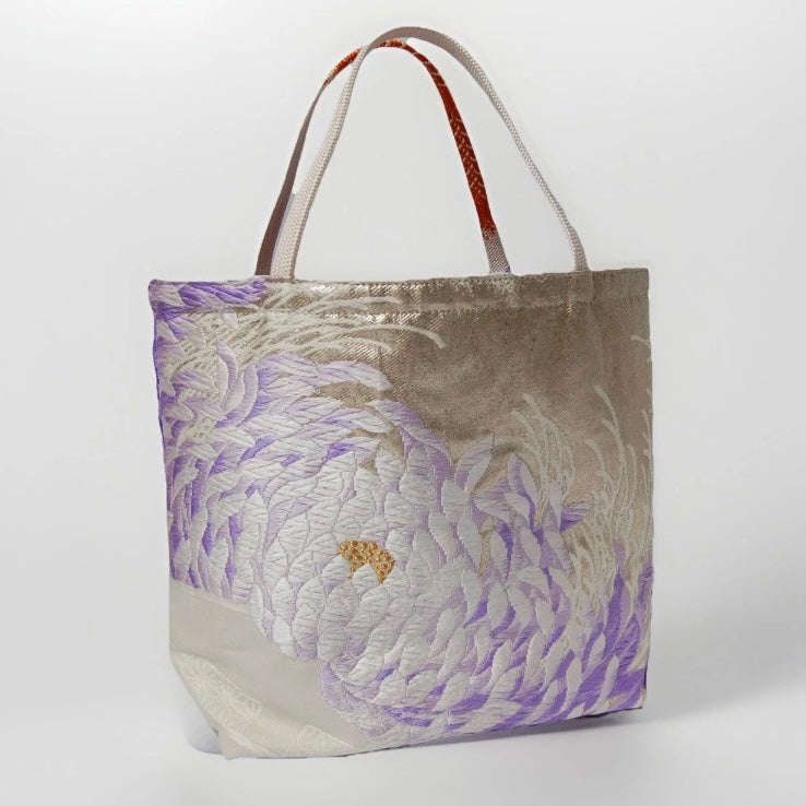 Rangiku 乱菊 Chrysanthemum Vintage Obi Silk Tote in Violet Silver