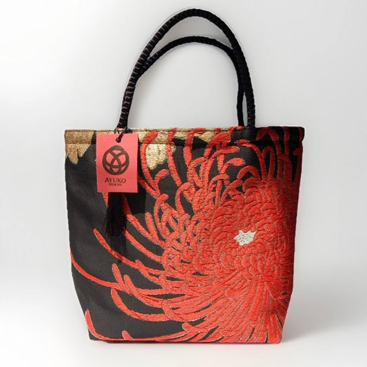 Rangiku 乱菊 Chrysanthemum Vintage Obi Silk Tote in Black Red