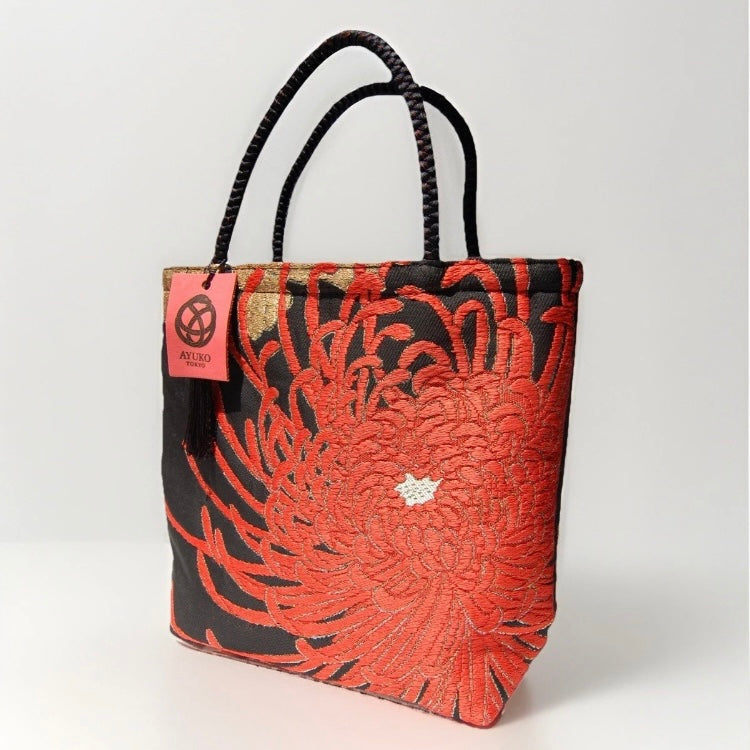 Rangiku 乱菊 Chrysanthemum Vintage Obi Silk Tote in Black Red
