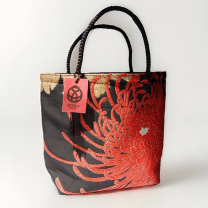 Rangiku 乱菊 Chrysanthemum Vintage Obi Silk Tote in Black Red