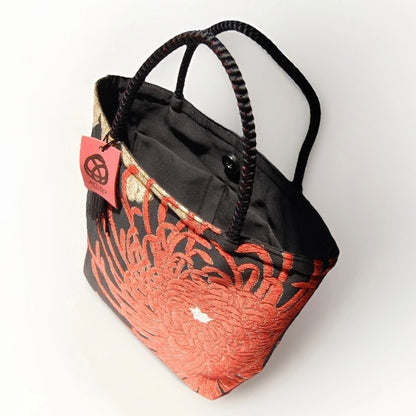 Rangiku 乱菊 Chrysanthemum Vintage Obi Silk Tote in Black Red