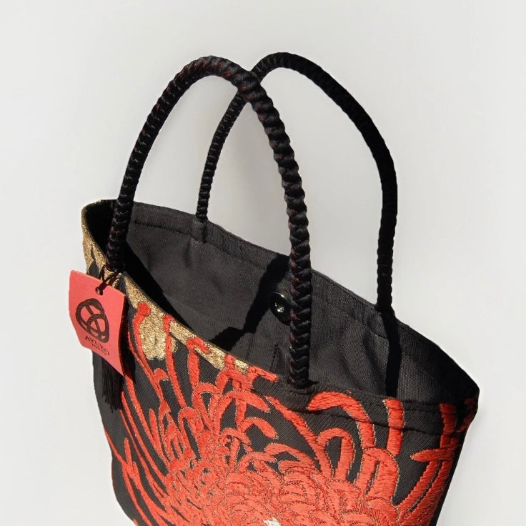 Rangiku 乱菊 Chrysanthemum Vintage Obi Silk Tote in Black Red