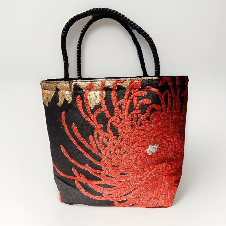 Rangiku 乱菊 Chrysanthemum Vintage Obi Silk Tote in Black Red