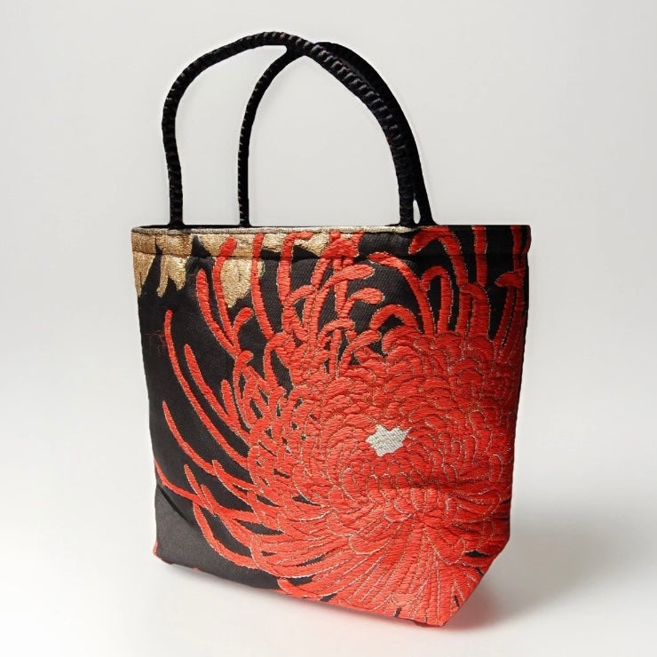 Rangiku 乱菊 Chrysanthemum Vintage Obi Silk Tote in Black Red