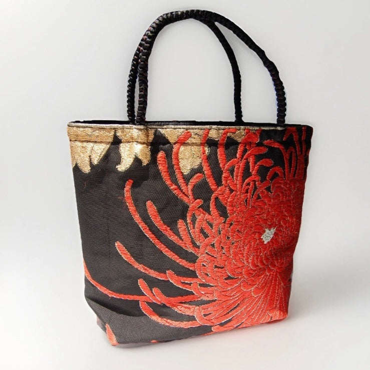 Rangiku 乱菊 Chrysanthemum Vintage Obi Silk Tote in Black Red