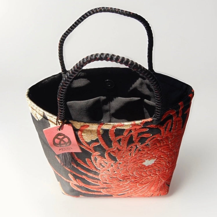 Rangiku 乱菊 Chrysanthemum Vintage Obi Silk Tote in Black Red
