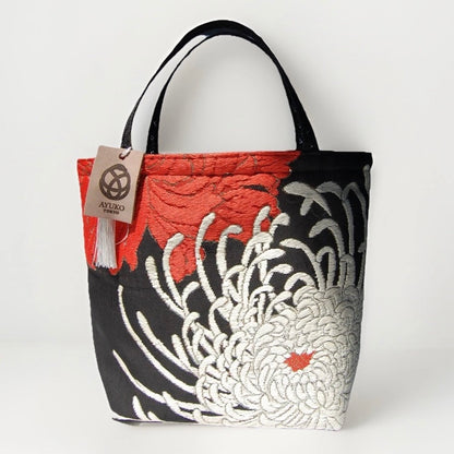 Rangiku 乱菊 & Peony 牡丹 Vintage Obi Silk Tote in Black White