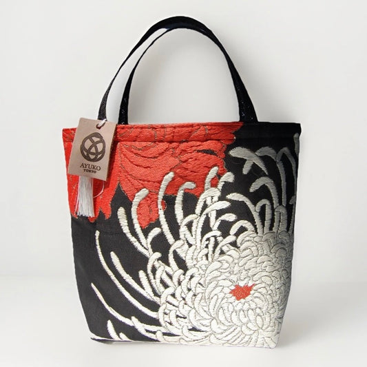 Rangiku 乱菊 & Peony 牡丹 Vintage Obi Silk Tote in Black White