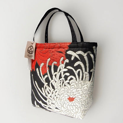 Rangiku 乱菊 & Peony 牡丹 Vintage Obi Silk Tote in Black White