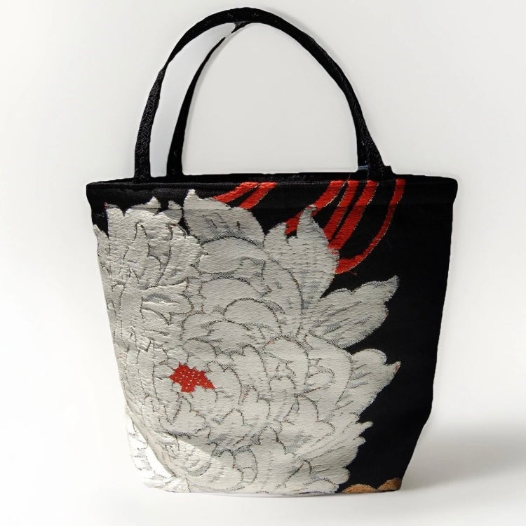 Rangiku 乱菊 & Peony 牡丹 Vintage Obi Silk Tote in Black White