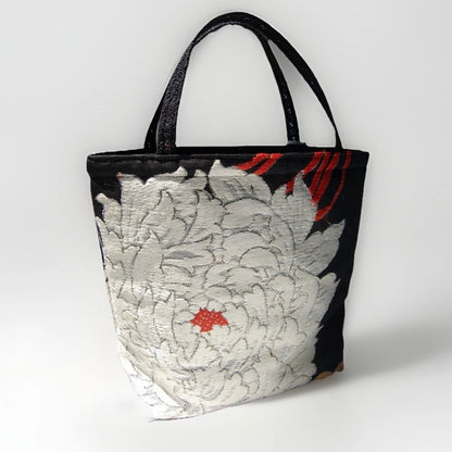 Rangiku 乱菊 & Peony 牡丹 Vintage Obi Silk Tote in Black White