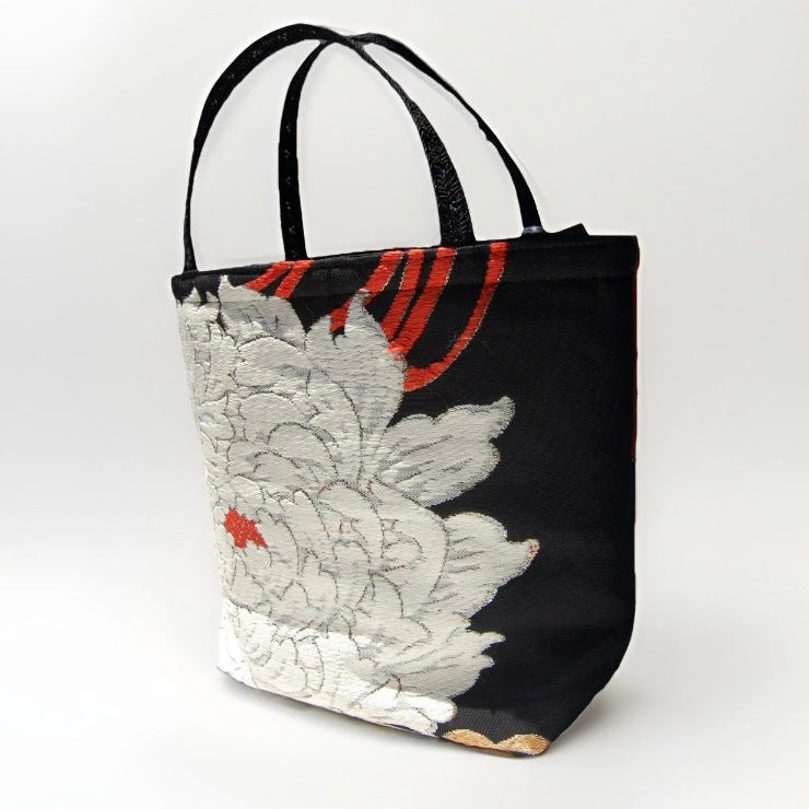 Rangiku 乱菊 & Peony 牡丹 Vintage Obi Silk Tote in Black White
