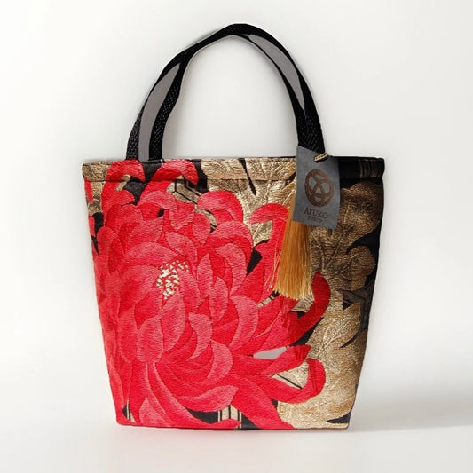 Rangiku 乱菊 Chrysanthemum Vintage Obi Silk Tote in Red Black