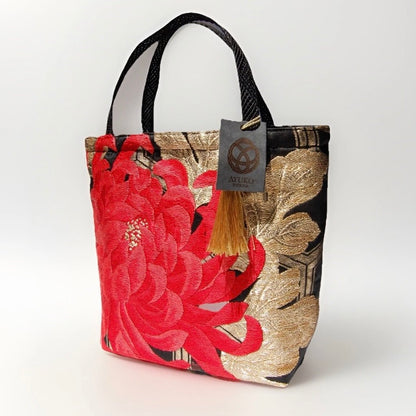 Rangiku 乱菊 Chrysanthemum Vintage Obi Silk Tote in Red Black