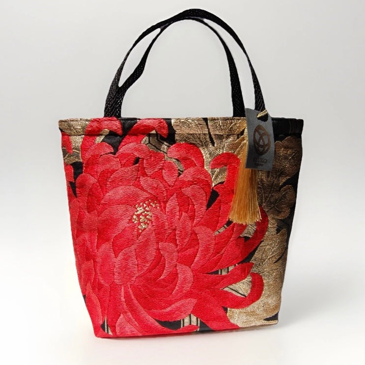 Rangiku 乱菊 Chrysanthemum Vintage Obi Silk Tote in Red Black