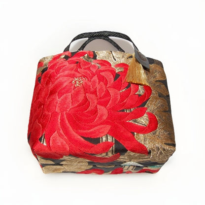 Rangiku 乱菊 Chrysanthemum Vintage Obi Silk Tote in Red Black