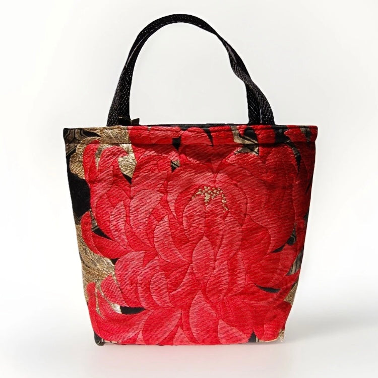 Rangiku 乱菊 Chrysanthemum Vintage Obi Silk Tote in Red Black