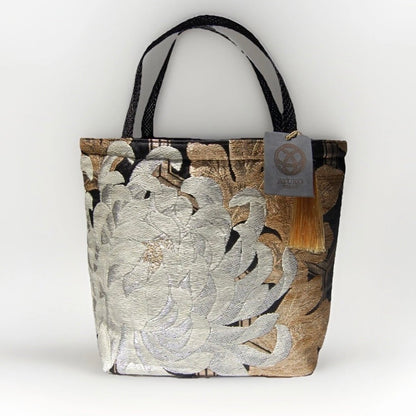 Rangiku 乱菊 Chrysanthemum Vintage Obi Silk Tote in Ivory Black